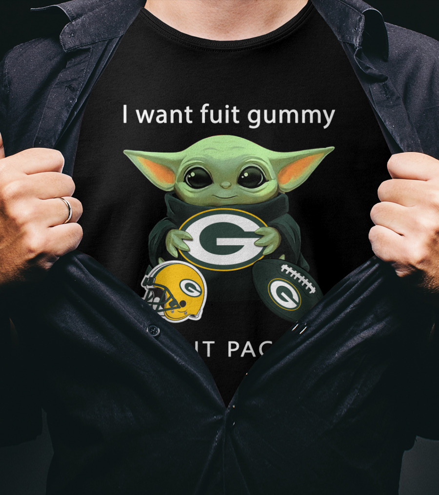 I Want Fruit Gummy I Want Packers Green Bay Packers Baby Yoda Helmet Football T-Shirt