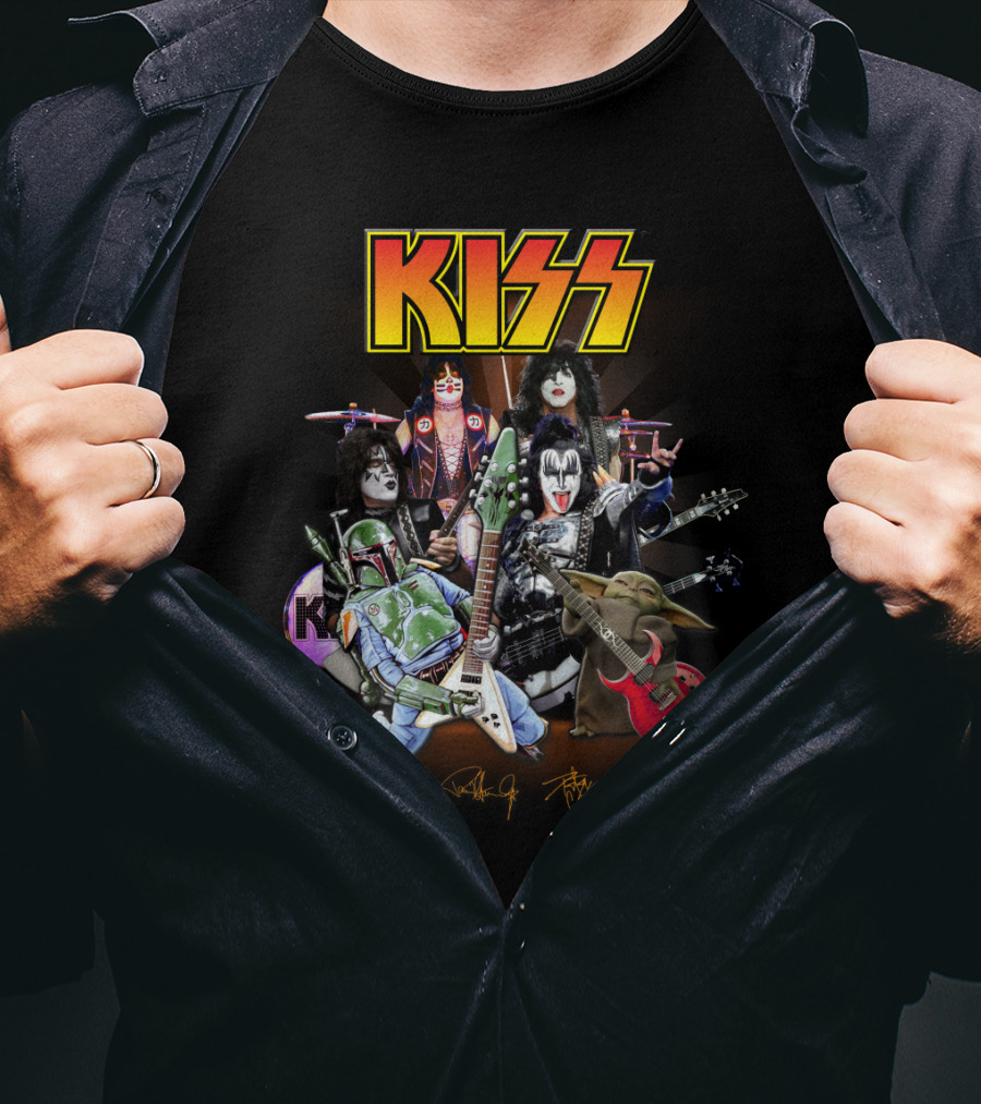 Kiss Star Wars Crossover With Boba Fett And Grogu Guitar Band Members T-Shirt