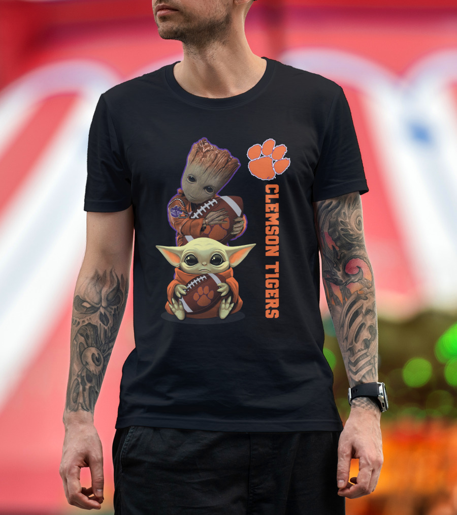 Clemson Tigers Ncaa Baby Groot And Baby Yoda Football Fans T-Shirt