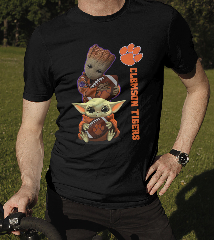 Clemson Tigers Ncaa Baby Groot And Baby Yoda Football Fans T-Shirt