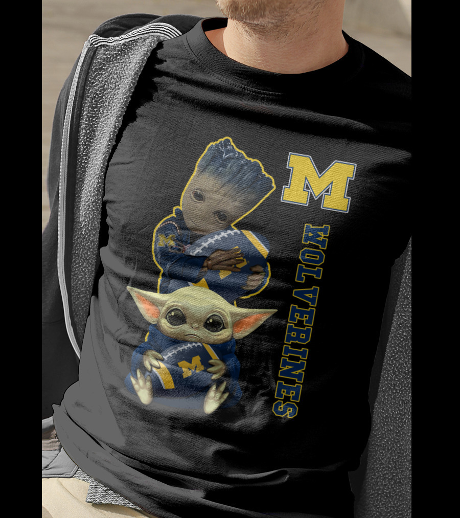 Michigan Wolverines Groot And Baby Yoda Football T-Shirt