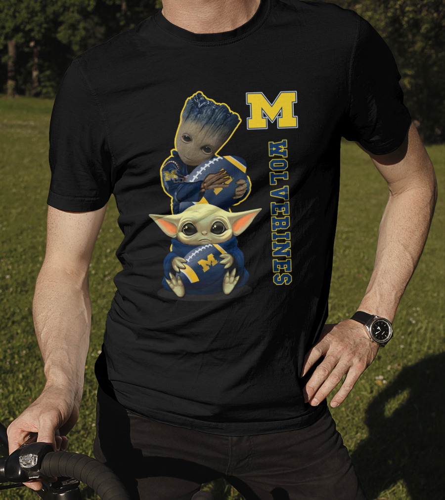 Michigan Wolverines Groot And Baby Yoda Football T-Shirt