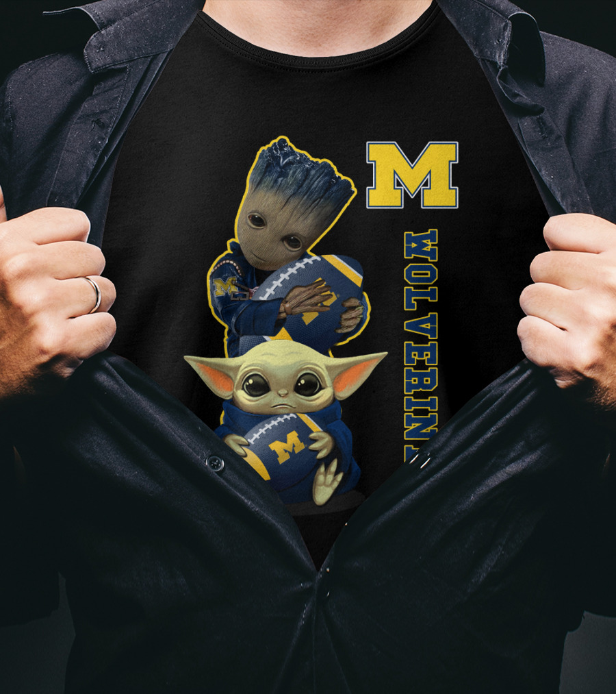 Michigan Wolverines Groot And Baby Yoda Football T-Shirt