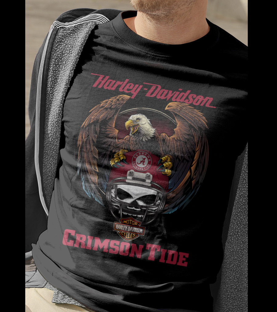 Harley Davidson Crimson Tide Alabama Football Eagle Skull Helmet T-Shirt