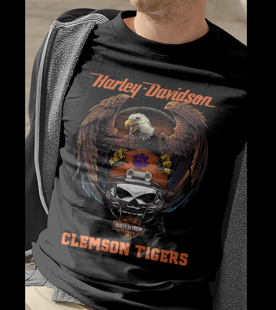 Harley Davidson Clemson Tigers Ncaa Football Skull Helmet Eagle T-Shirt