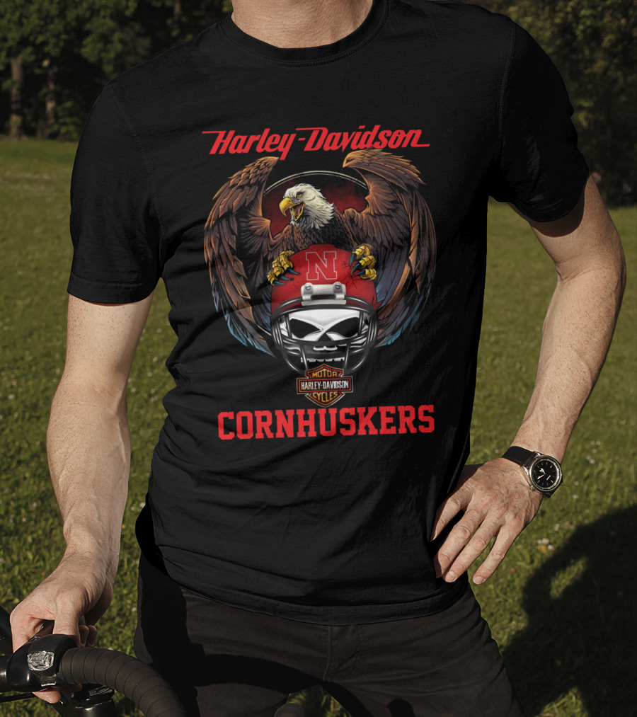 Harley Davidson Cornhuskers Motor Cycles Bald Eagle Helmet T-Shirt