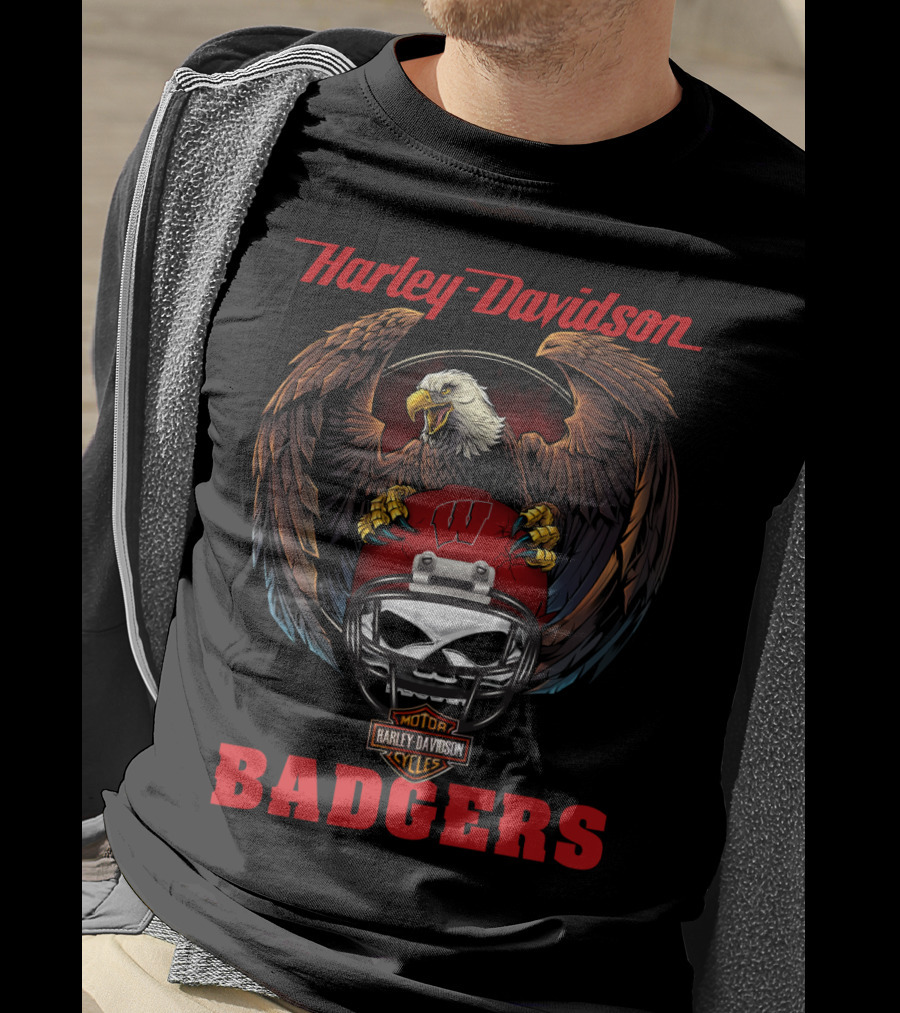 Harley Davidson Badgers Motorcycles Ncaa Football Helmet Eagle T-Shirt