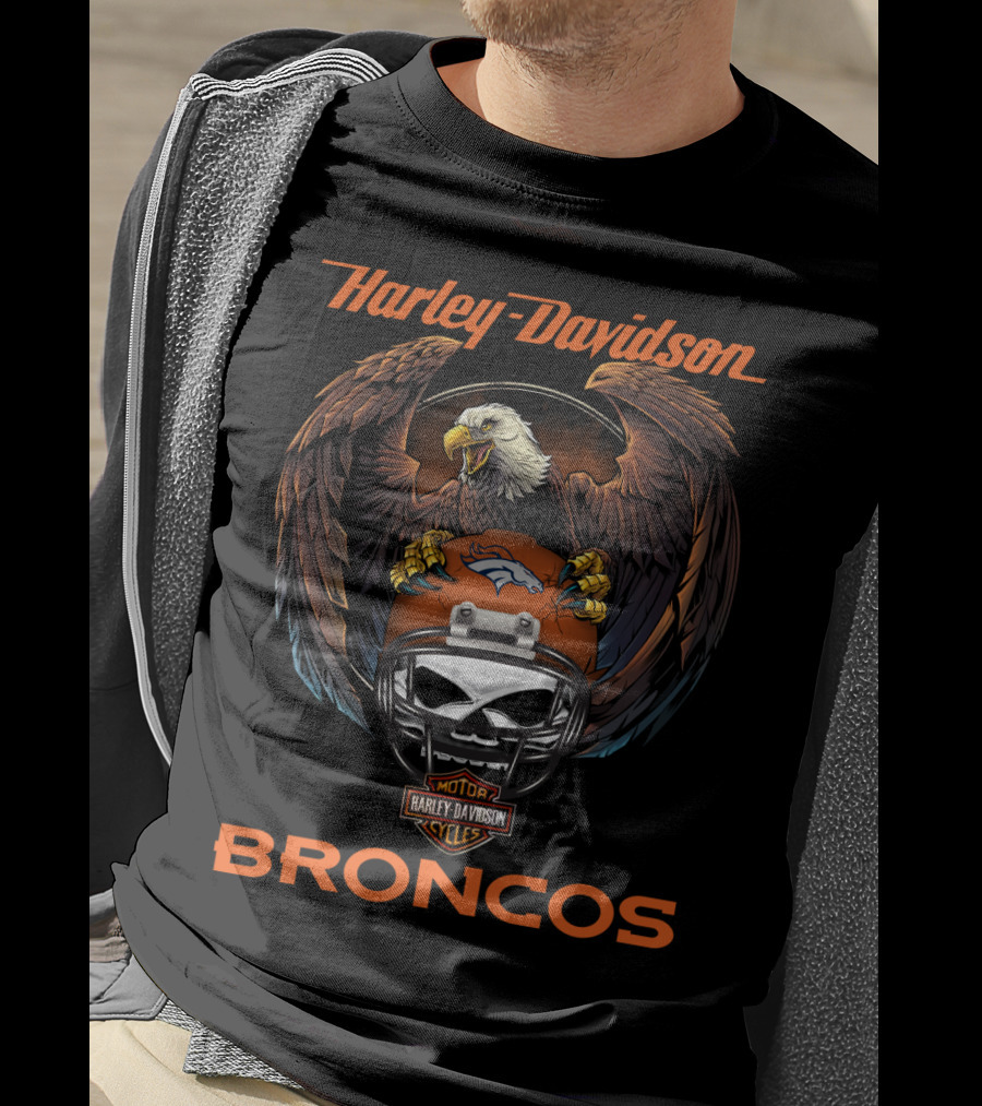 Harley Davidson Broncos Skull Eagle Helmet Nfl Collaboration T-Shirt