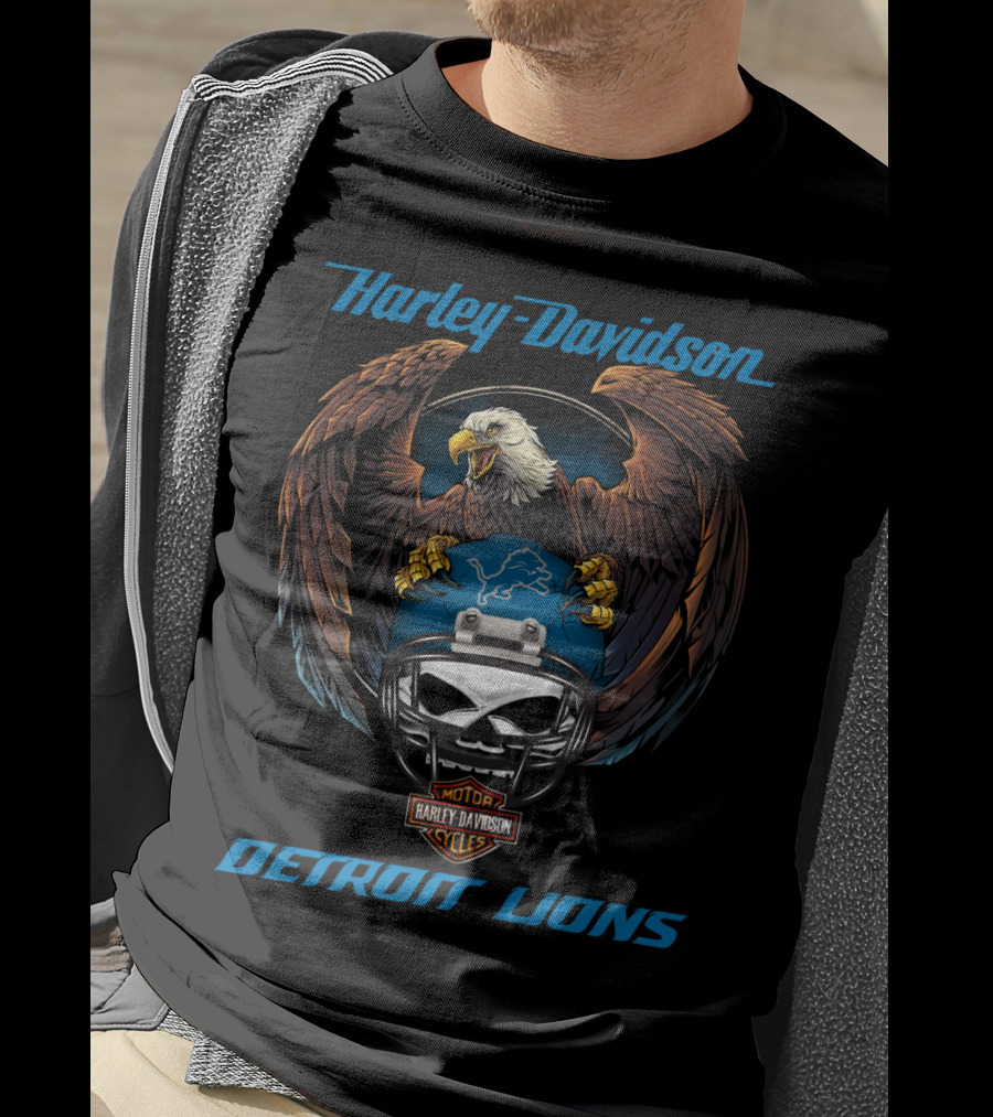 Harley Davidson Detroit Lions Eagle Helmet Nfl Motorcycles T-Shirt