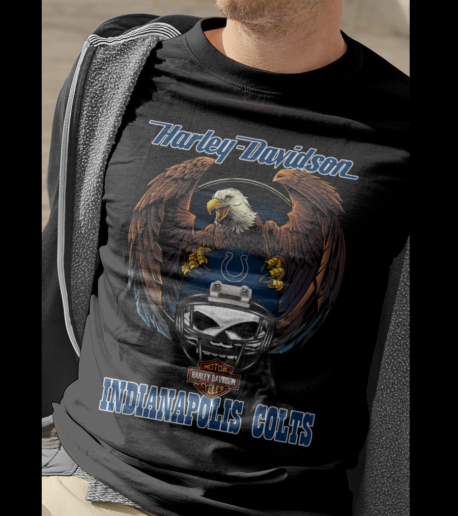Harley Davidson Indianapolis Colts Bald Eagle Skull Helmet T-Shirt