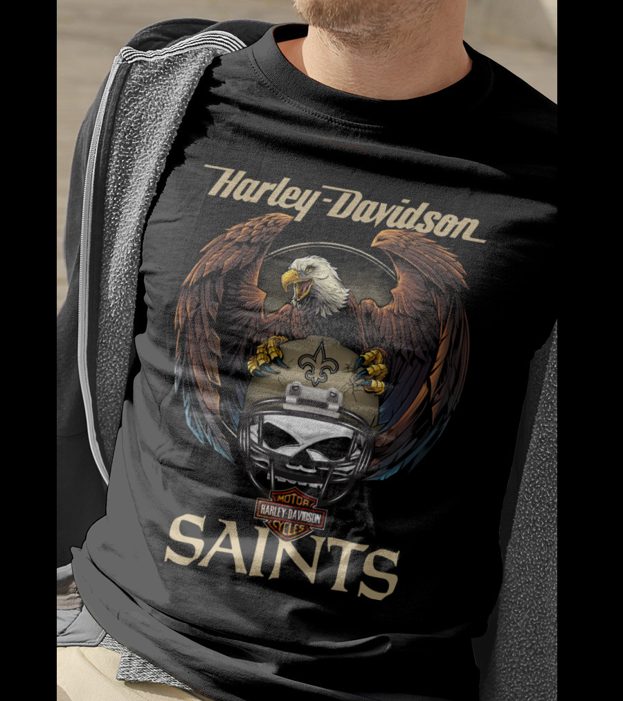 Harley Davidson Saints Eagle Nfl Motor Cycles Fleur-De-Lis Helmet T-Shirt