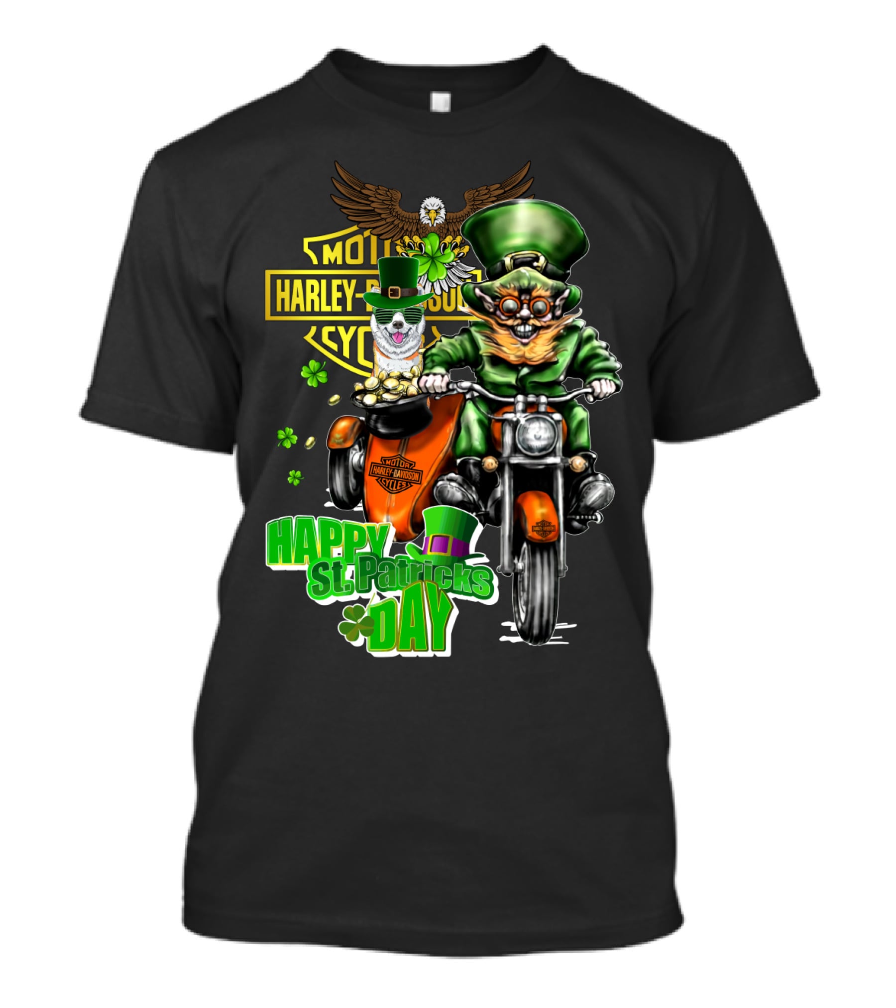 Harley Davidson St. Patrick's Day Leprechaun Riding Motorcycle With Akita Dog T-Shirt