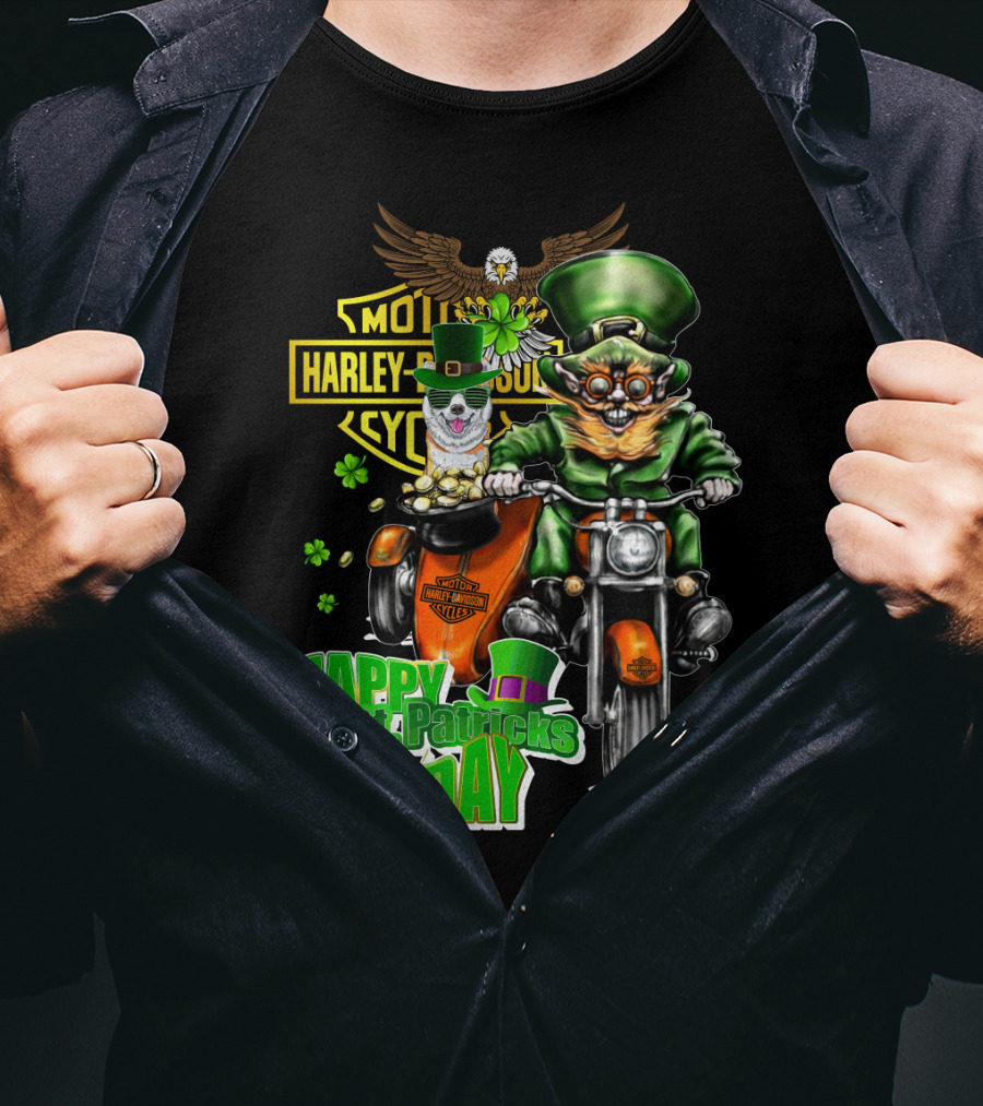 Harley Davidson St. Patrick's Day Leprechaun Riding Motorcycle With Akita Dog T-Shirt
