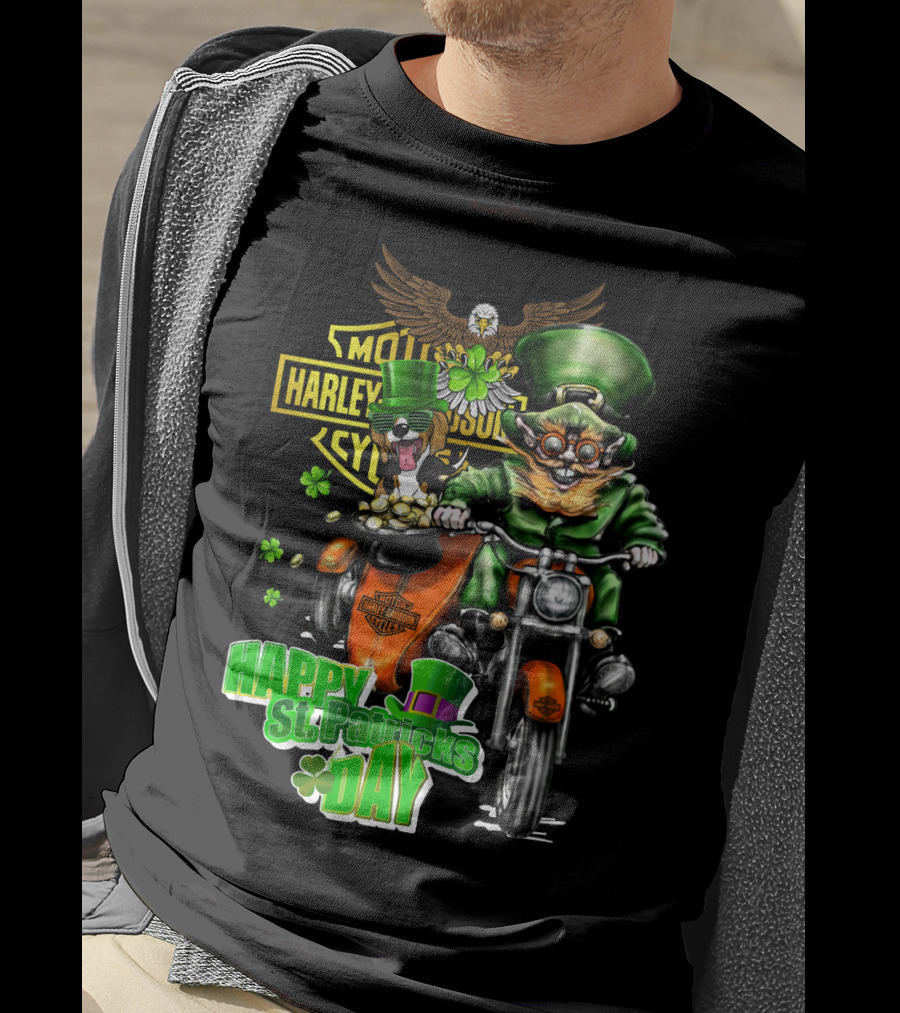 Harley Davidson Beagle And Leprechaun Motorcycle Ride Happy St. Patrick's Day T-Shirt