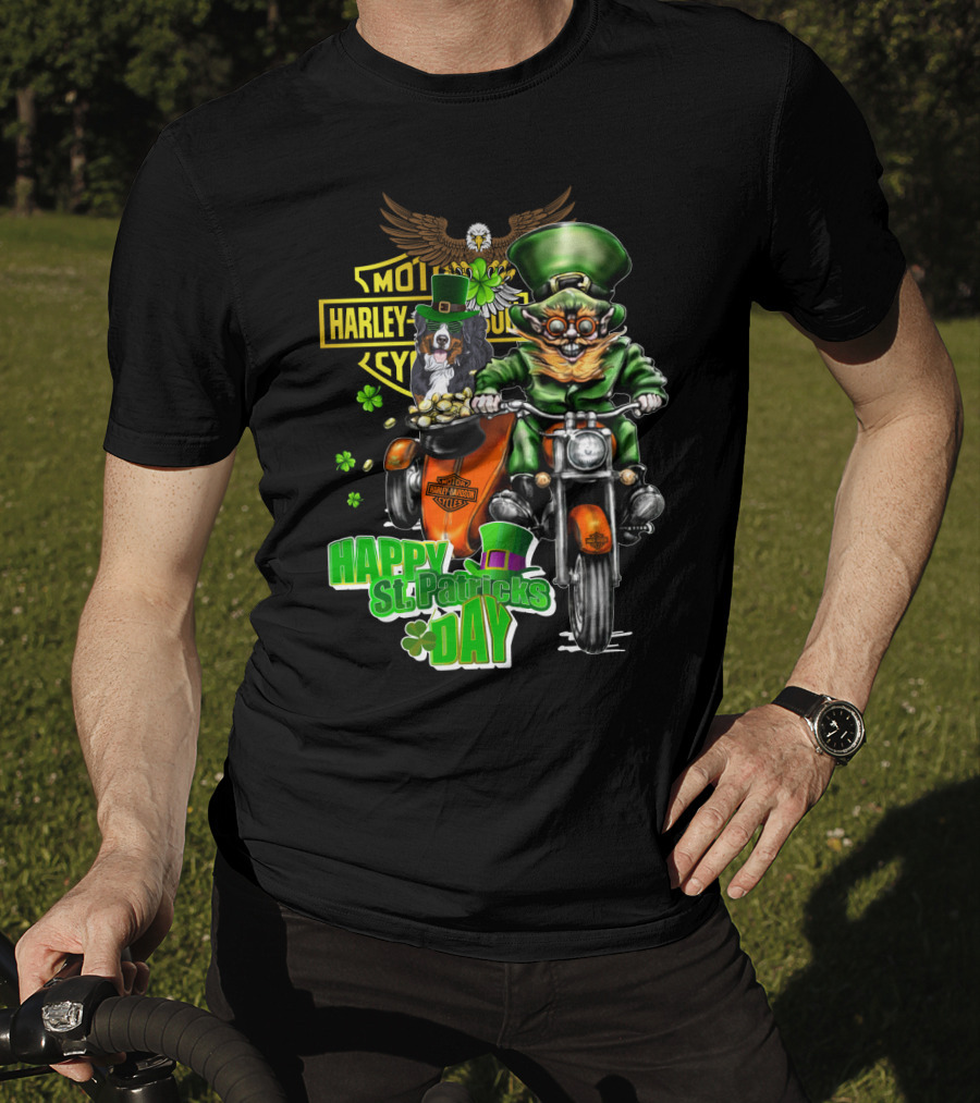 Happy St. Patrick's Day Harley Davidson Leprechaun And Bernese Mountain Dog Ride T-Shirt