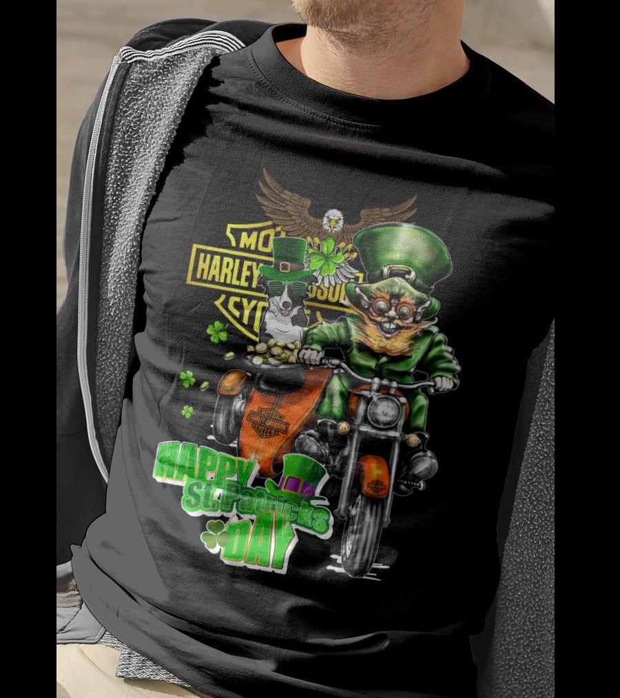 Happy St. Patrick's Day Harley Davidson Border Collie Motorcycle Riding T-Shirt
