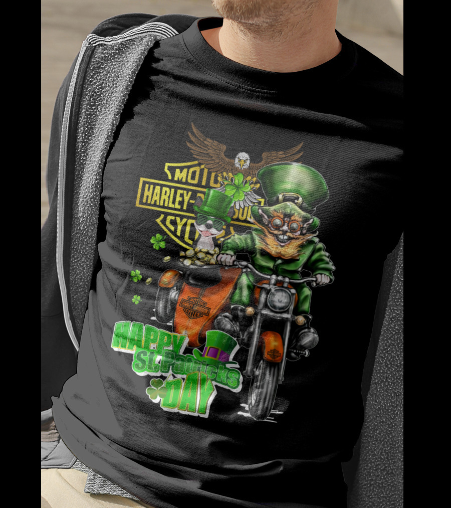 Harley Davidson St. Patrick's Day Boston Terrier Leprechaun Motorcycle T-Shirt