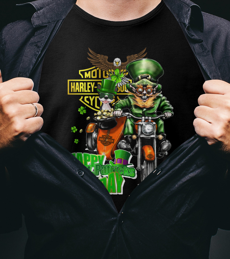 Harley Davidson St. Patrick's Day Boston Terrier Leprechaun Motorcycle T-Shirt
