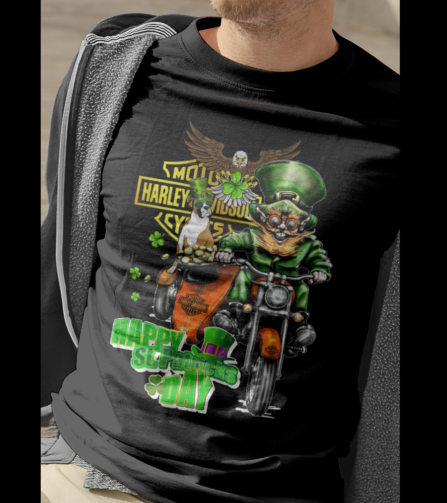 Happy St. Patricks Day Harley Davidson Motorcycles Cycle Riding Leprechaun And Boxer T-Shirt