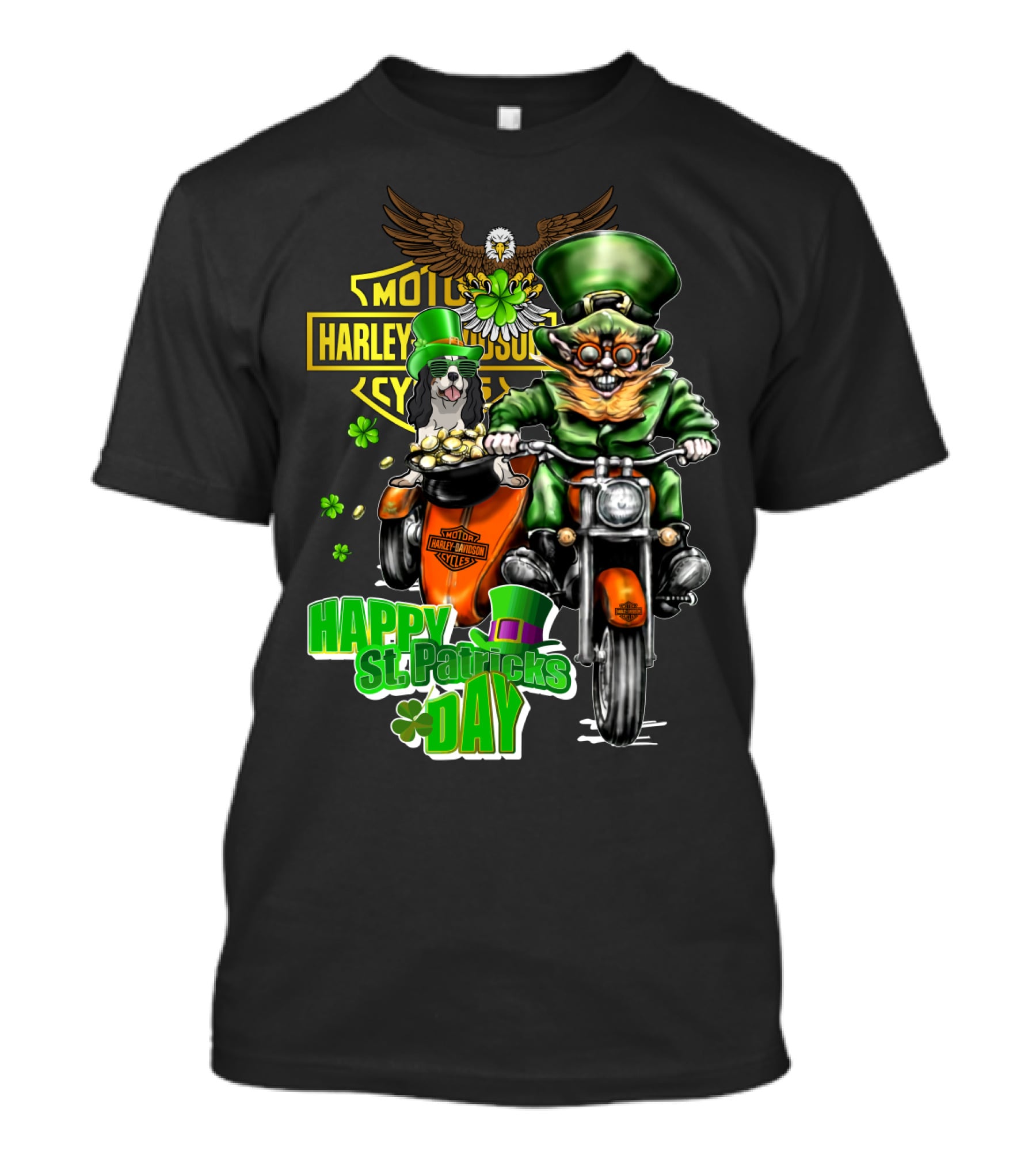 Harley Davidson Happy St. Patrick's Day Cavalier King Charles Spaniel Motorcycle Rider T-Shirt
