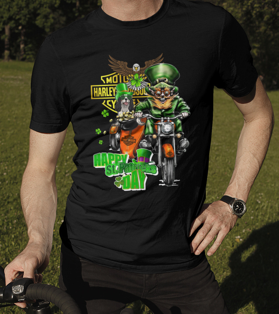 Harley Davidson Happy St. Patrick's Day Cavalier King Charles Spaniel Motorcycle Rider T-Shirt