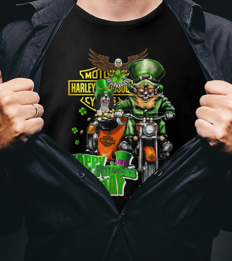 Harley Davidson Happy St. Patrick's Day Cavalier King Charles Spaniel Motorcycle Rider T-Shirt