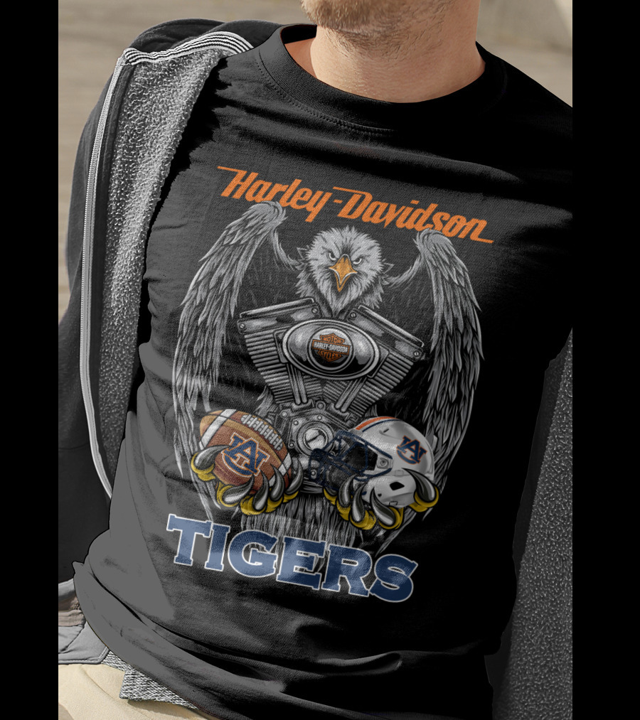 Harley Davidson Auburn Tigers Football Ncaa Helmet And Eagle Engine T-Shirt