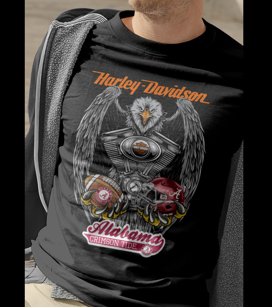 Harley Davidson Alabama Crimson Tide Ncaa Football Helmet And Eagle T-Shirt