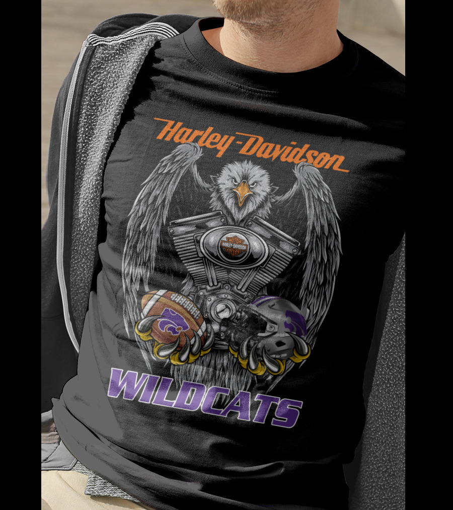 Harley Davidson Wildcats Ncaa Football Kansas State University Ksu Helmet And Engine T-Shirt