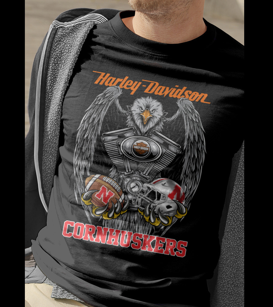 Harley Davidson Cornhuskers Eagle Football Ncaa Helmet Ball T-Shirt