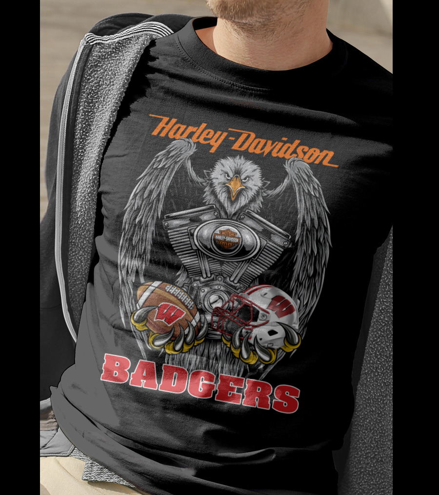 Harley Davidson Badgers Wisconsin Football Ncaa Eagle Engine T-Shirt