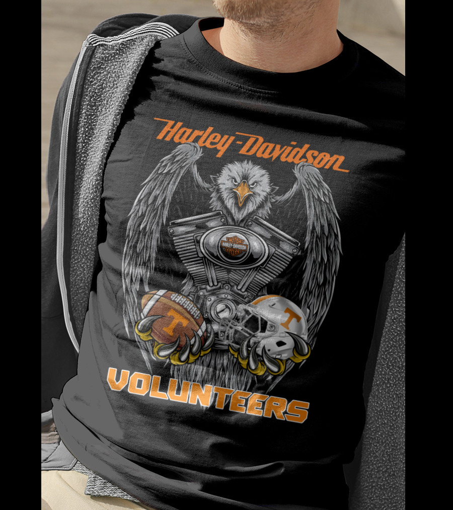 Harley Davidson Volunteers Ncaa Football Tennessee Helmet And Ball Eagle Engine T-Shirt