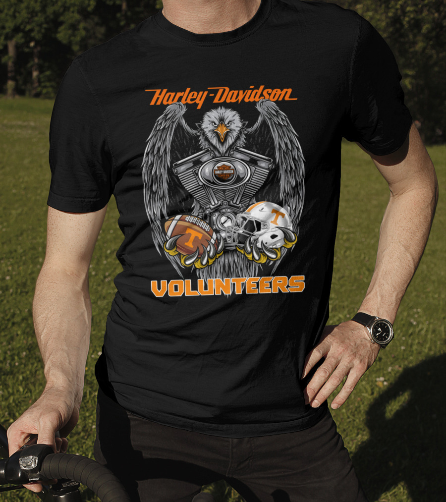 Harley Davidson Volunteers Ncaa Football Tennessee Helmet And Ball Eagle Engine T-Shirt