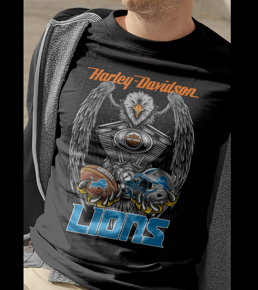 Harley Davidson Detroit Lions Eagle Football Engine T-Shirt