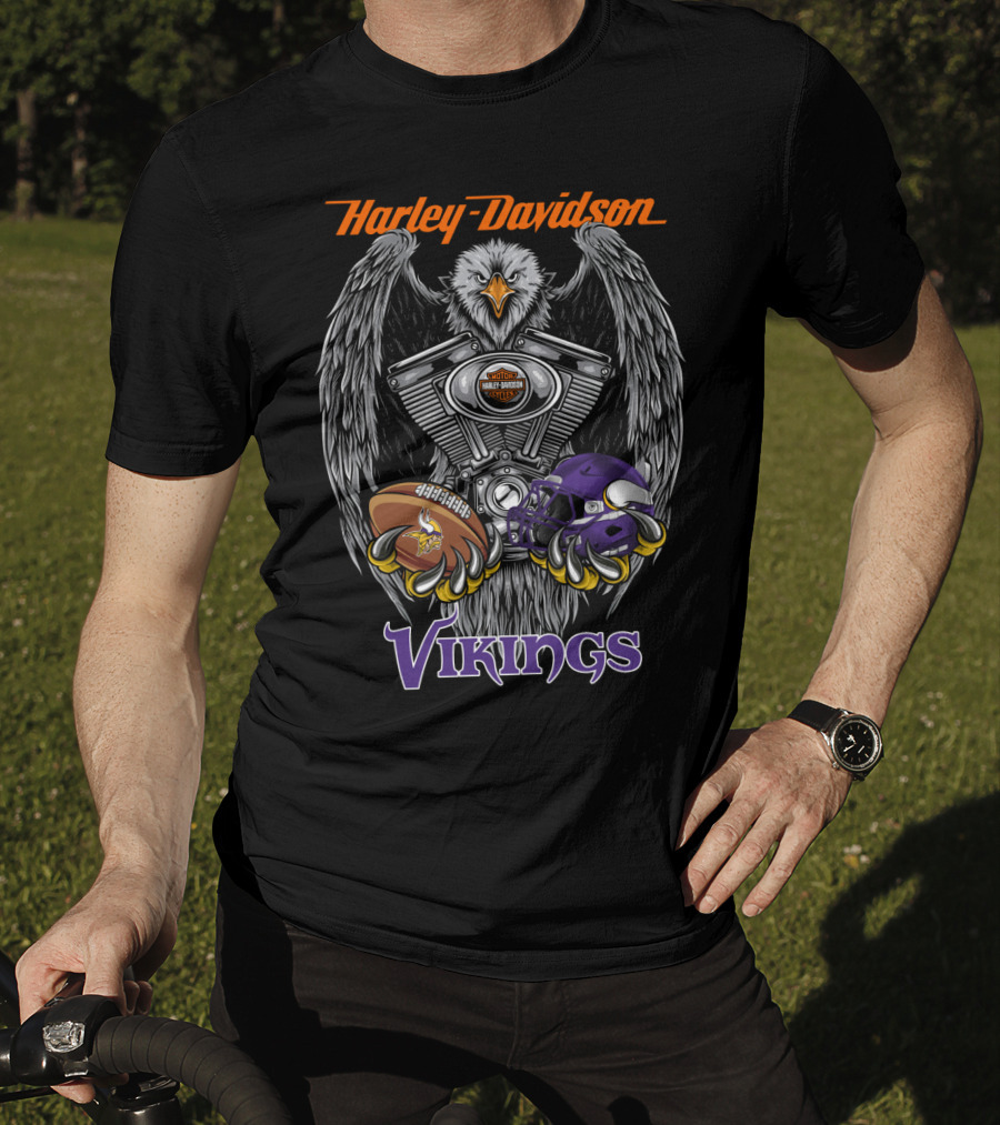 Harley Davidson Seattle Vikings Football Eagle Engine Art T-Shirt