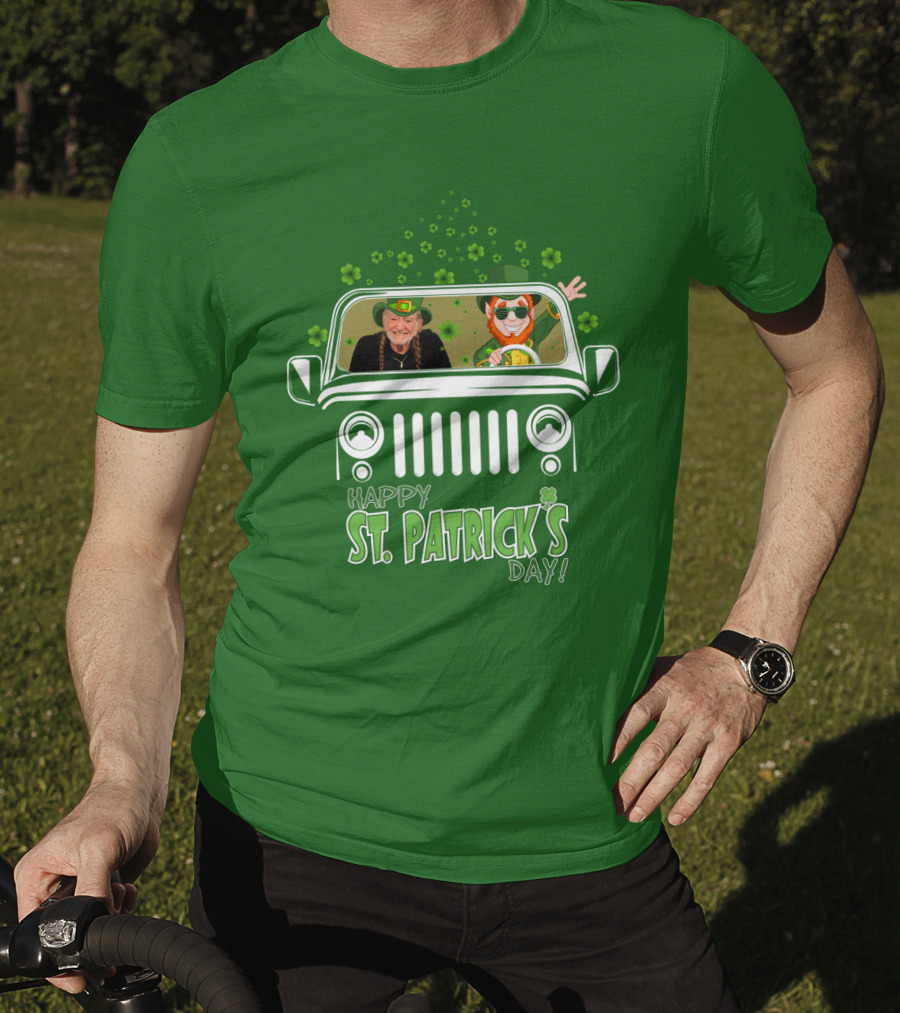 Happy St. Patrick's Day Willie Nelson 51 Jeep With Leprechaun And Clover Themes T-Shirt