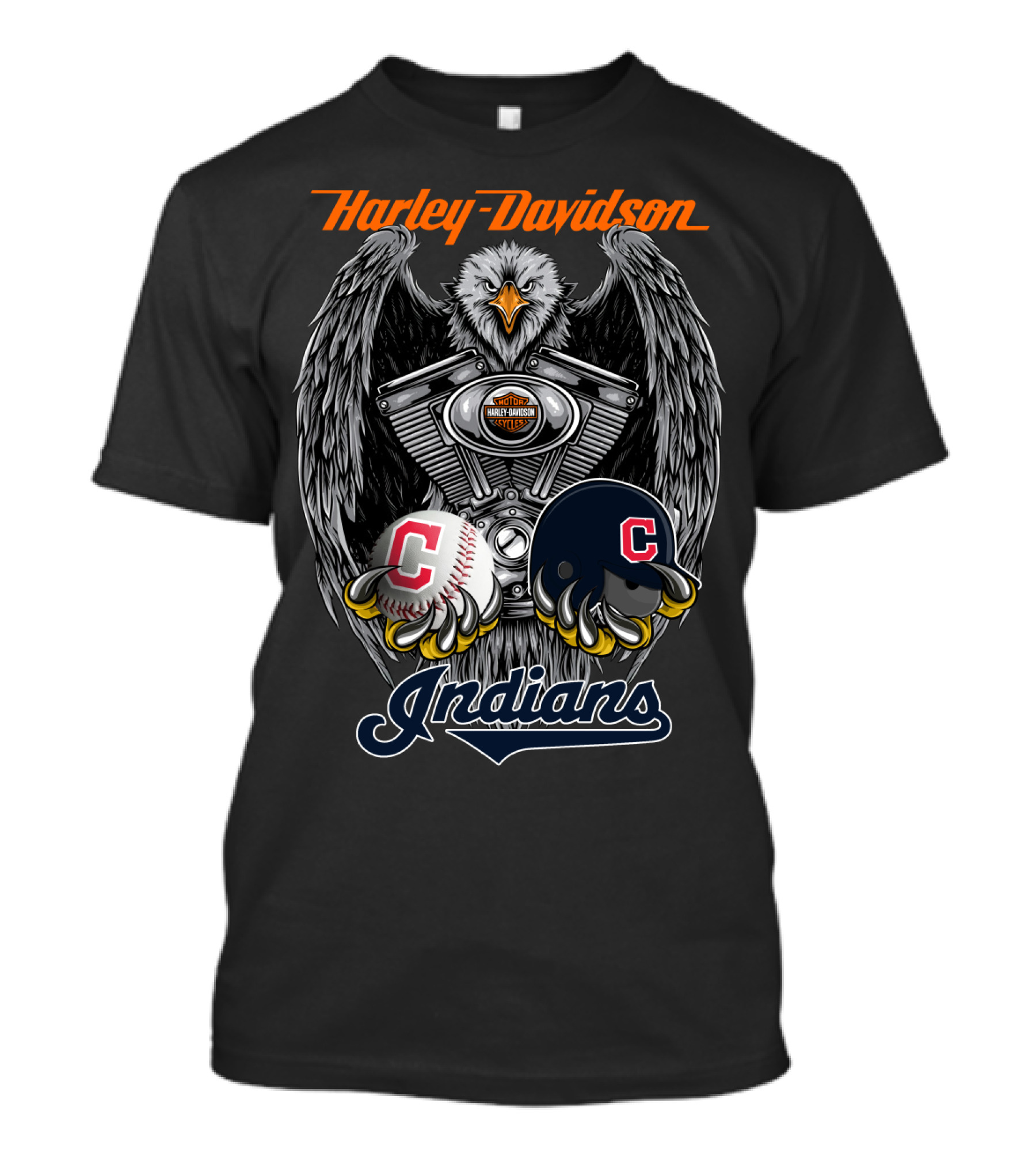 Harley Davidson Cleveland Indians Mlb Baseball Helmet And Engine Eagle T-Shirt