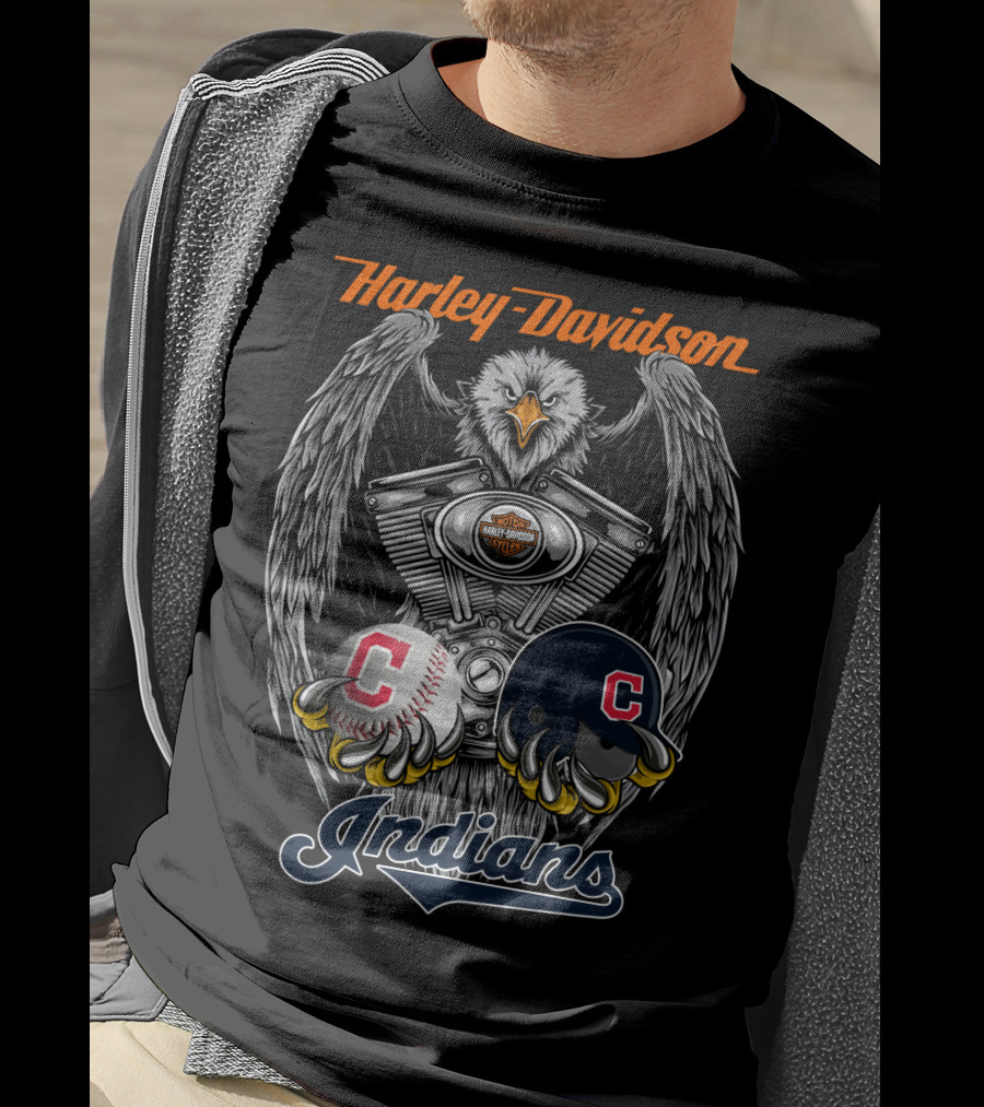 Harley Davidson Cleveland Indians Mlb Baseball Helmet And Engine Eagle T-Shirt