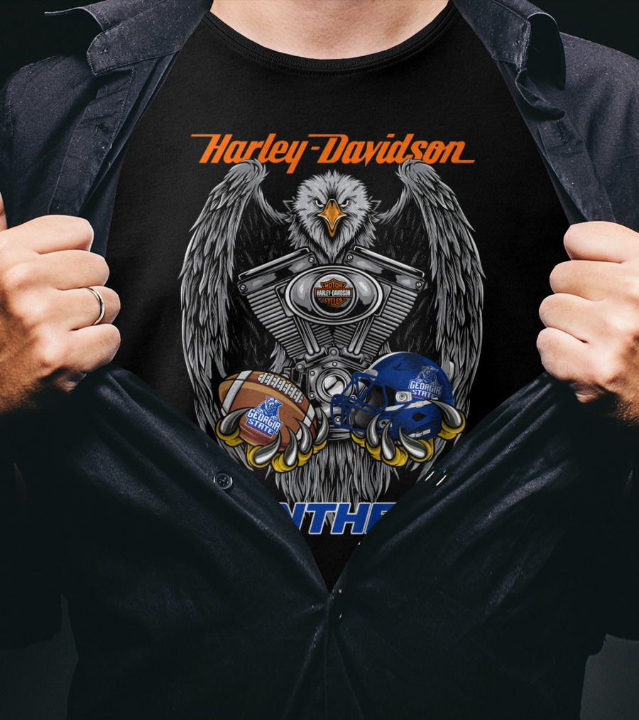 Harley Davidson Seattle Motorcycles Georgia State Panthers Football Helmet And Eagle Engine Art T-Shirt