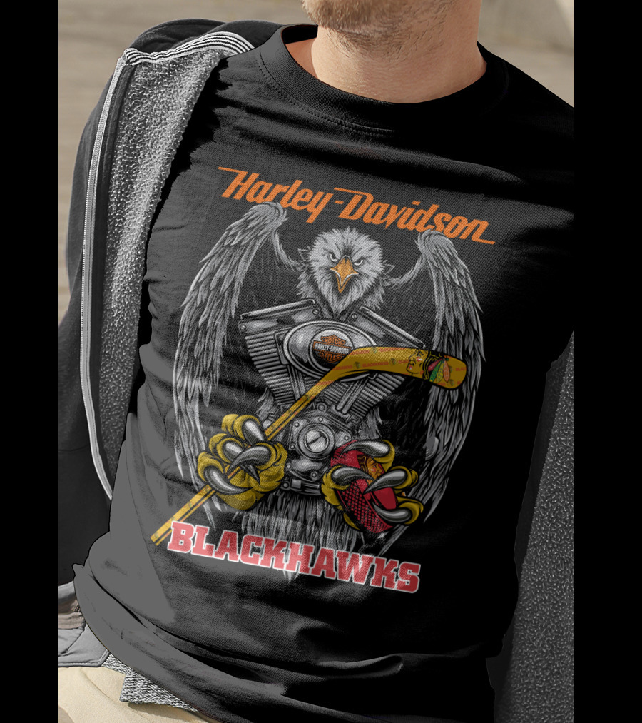 Harley Davidson Blackhawks Engine Eagle Hockey Stick T-Shirt