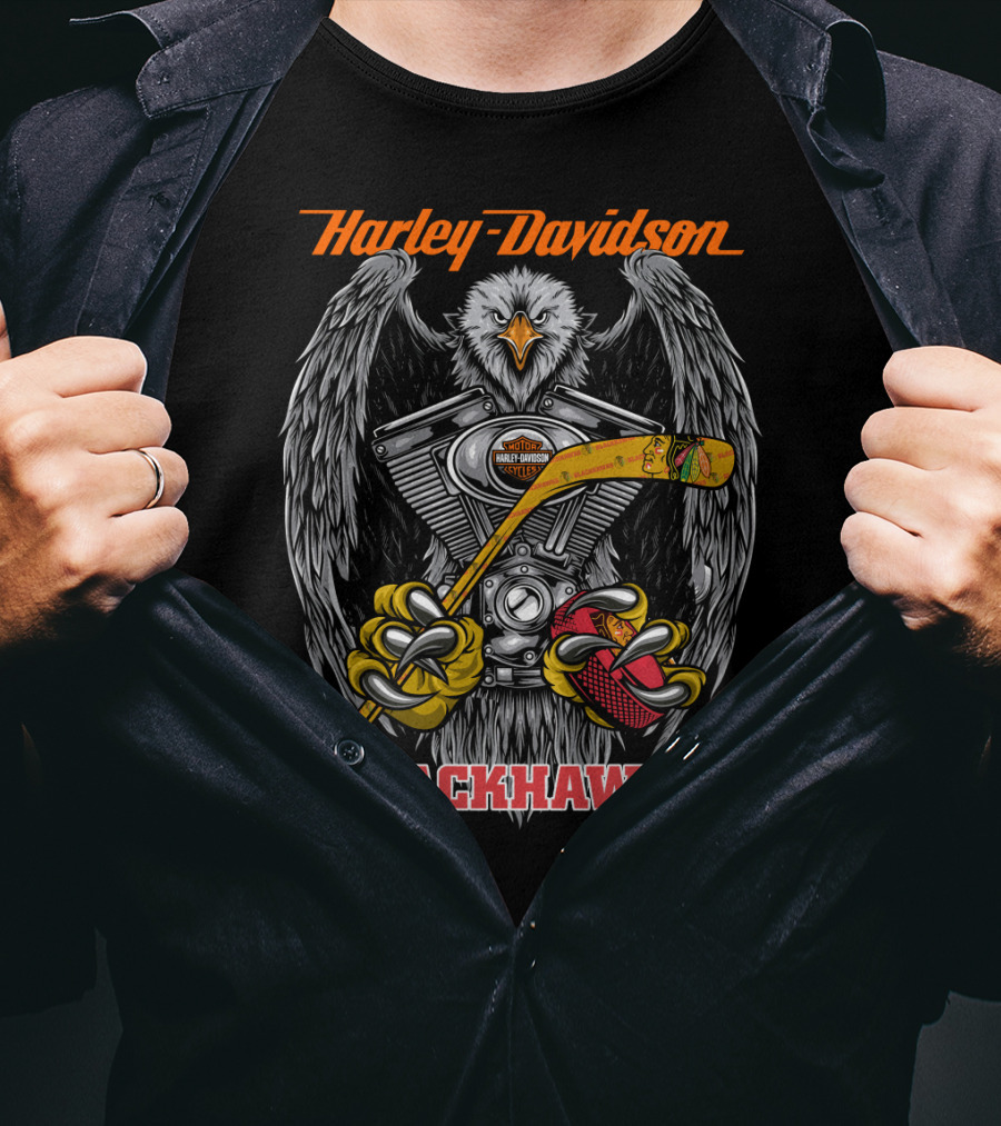 Harley Davidson Blackhawks Engine Eagle Hockey Stick T-Shirt