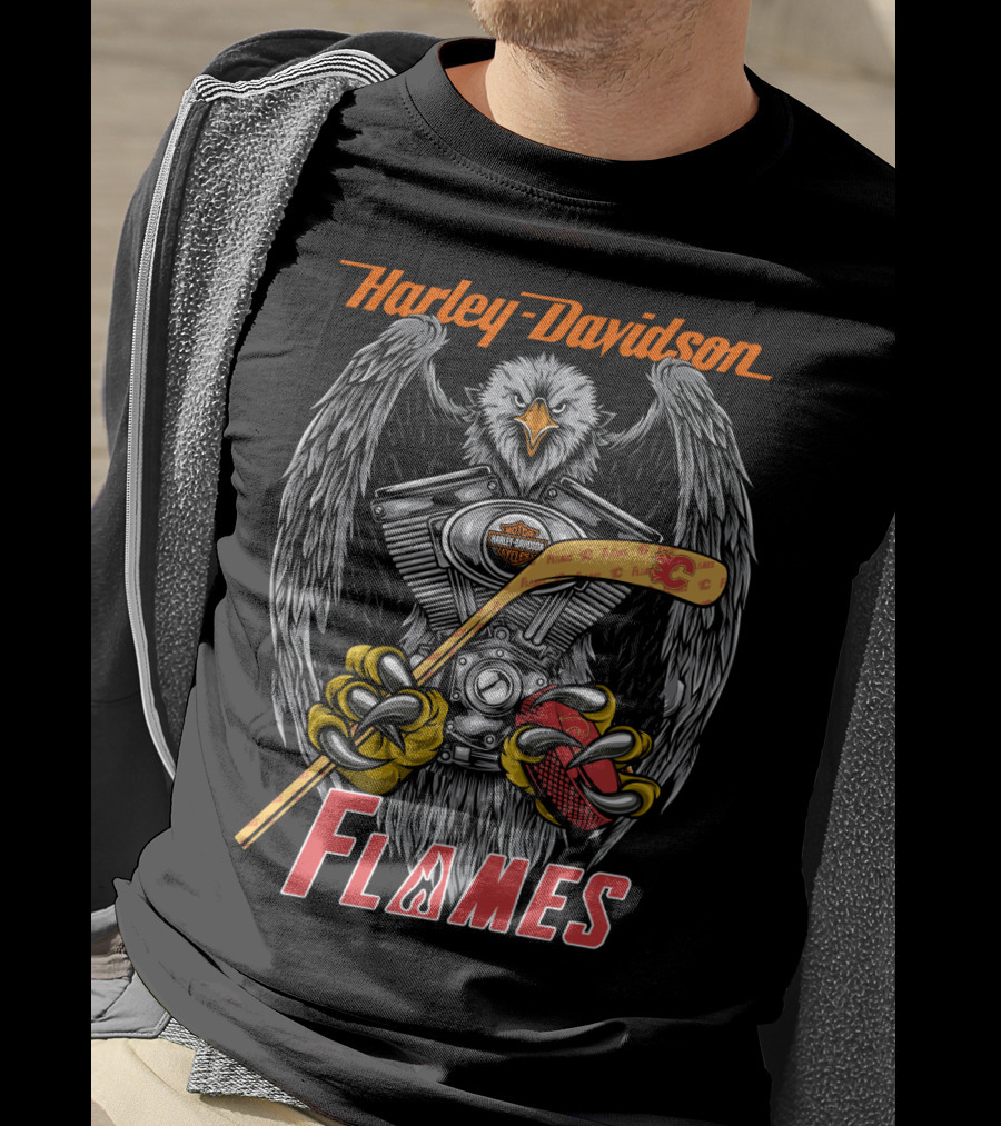 Harley Davidson Flames Nhl Calgary Hockey Eagle Engine T-Shirt