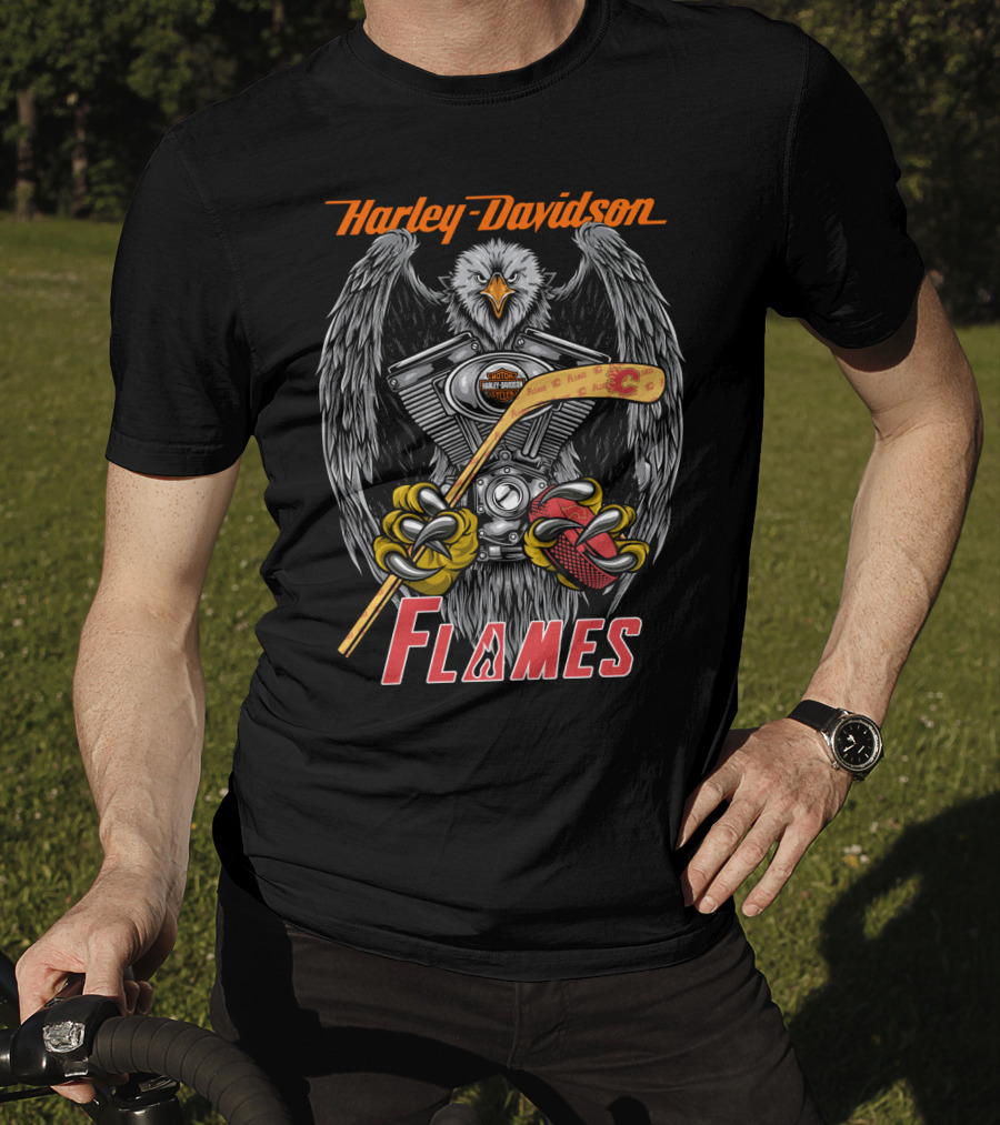 Harley Davidson Flames Nhl Calgary Hockey Eagle Engine T-Shirt