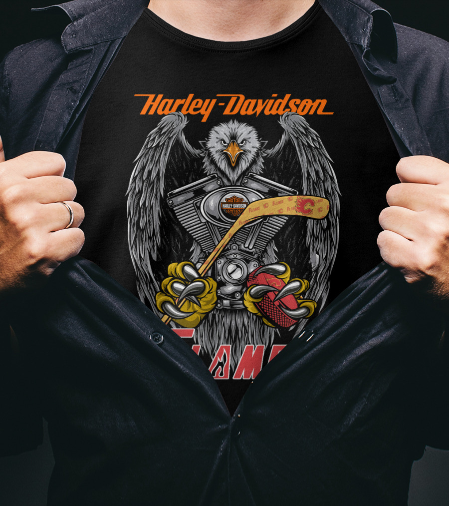 Harley Davidson Flames Nhl Calgary Hockey Eagle Engine T-Shirt