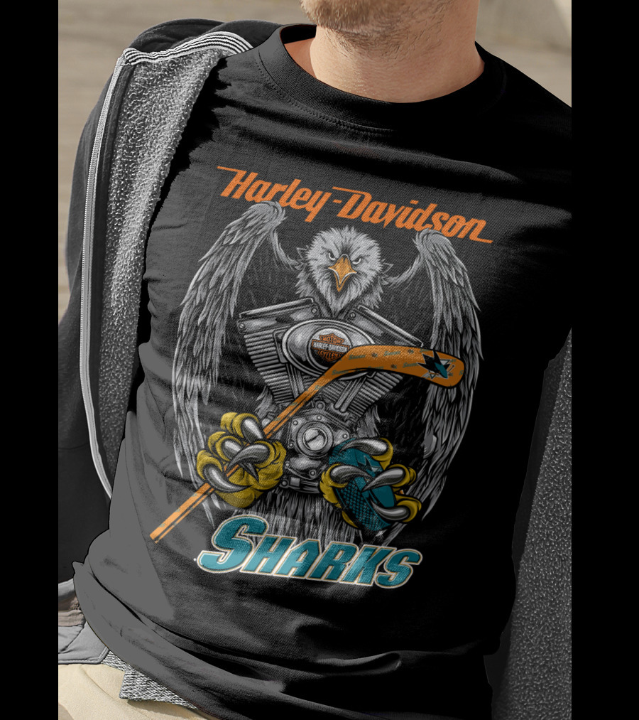 Harley Davidson Nhl San Jose Sharks Eagle With Hockey Motif T-Shirt
