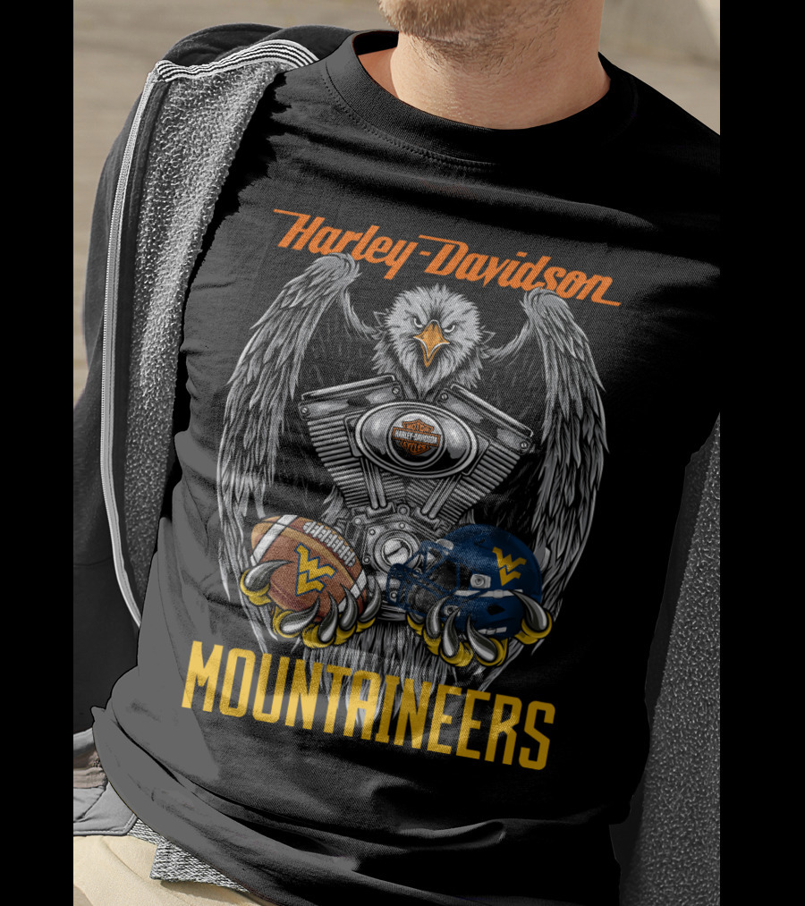 Harley Davidson Mountaineers Wv Football Helmet And Engine Eagle T-Shirt