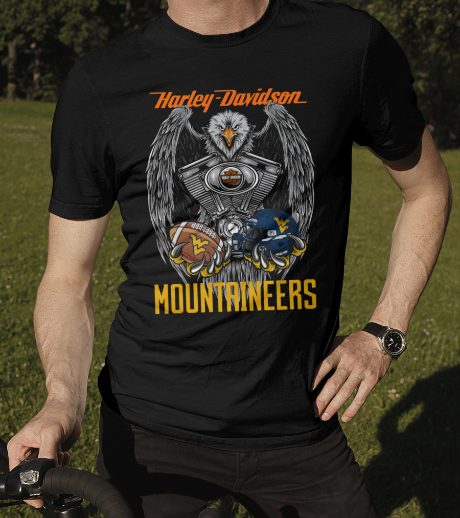 Harley Davidson Mountaineers Wv Football Helmet And Engine Eagle T-Shirt