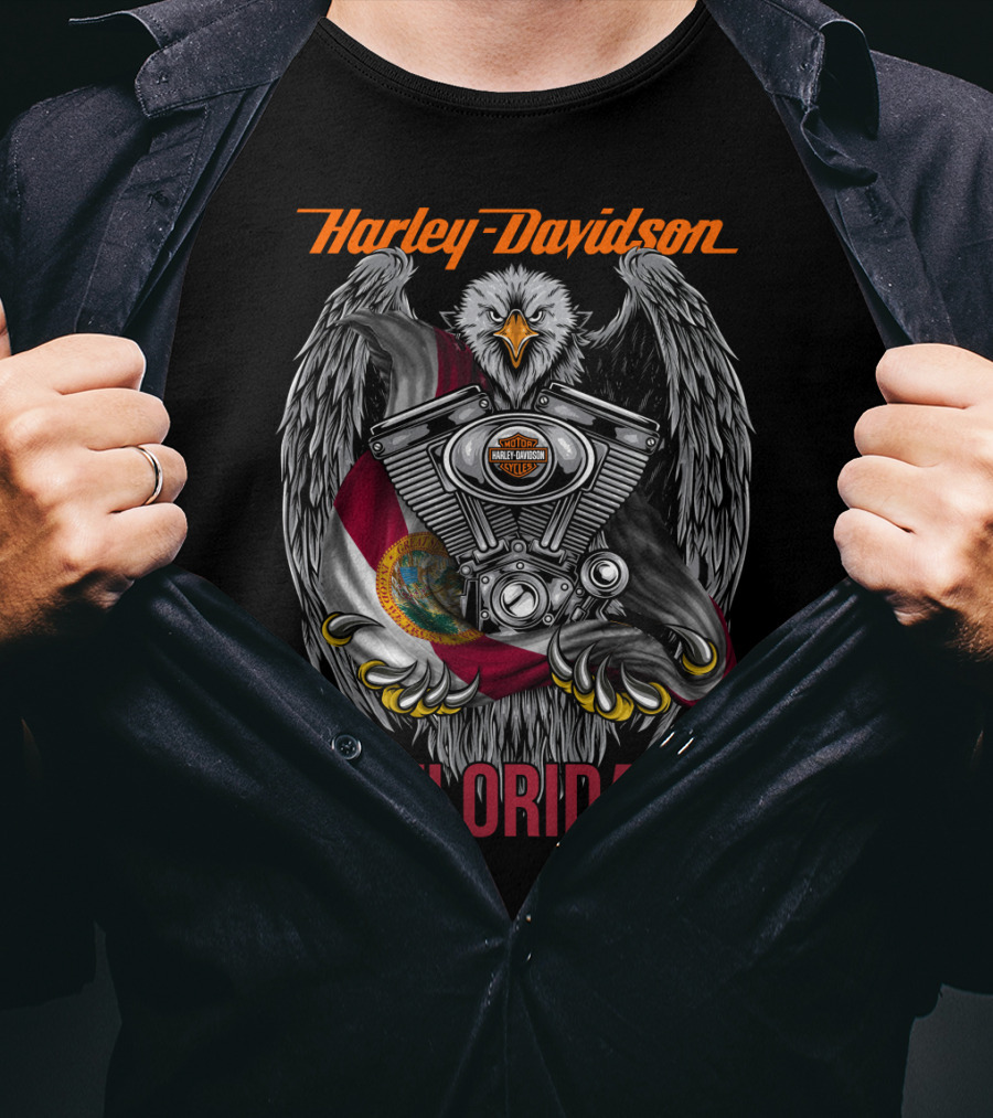 Harley Davidson Florida Eagle With Engine And State Flag T-Shirt