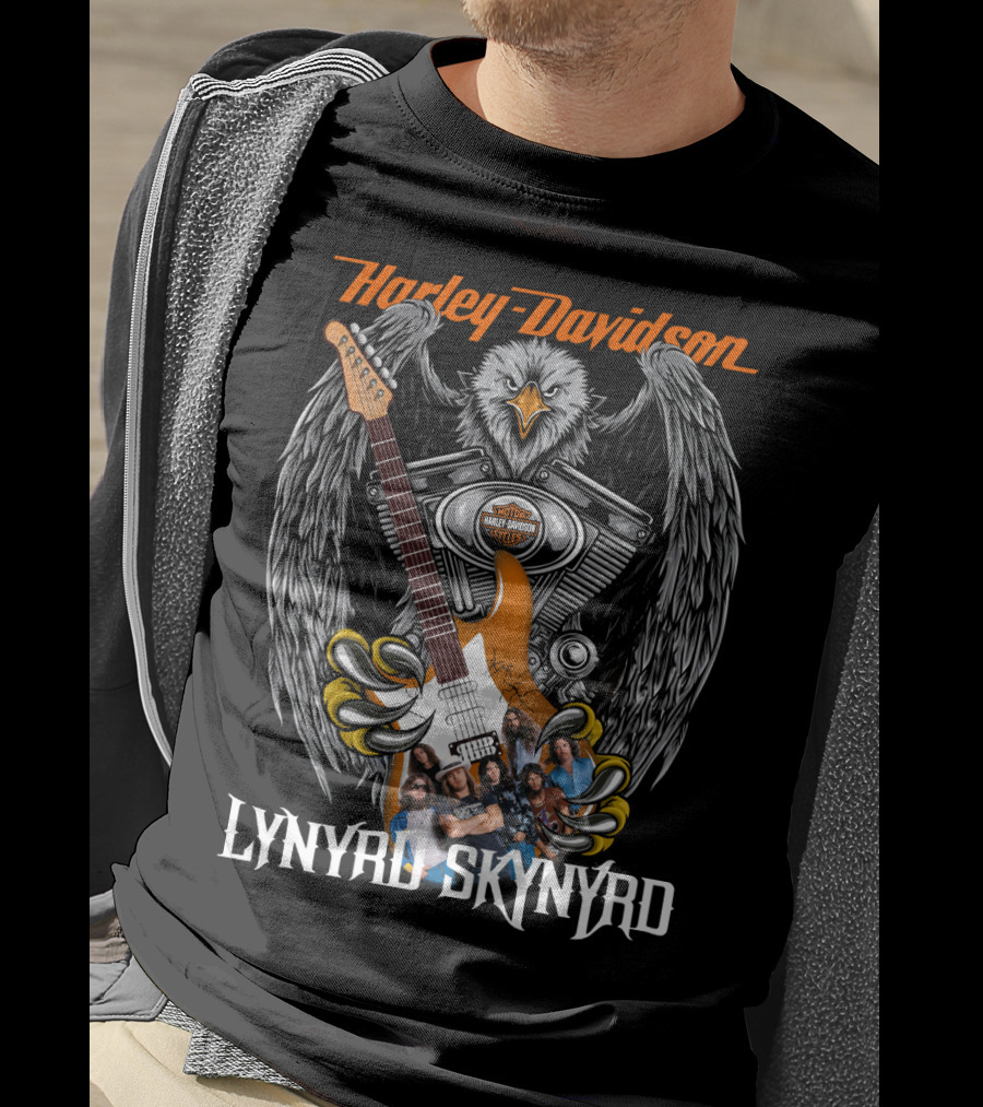 Harley Davidson Eagle V-Twin Engine Lynyrd Skynyrd Band Guitar T-Shirt