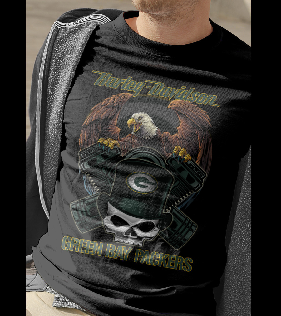 Harley Davidson Green Bay Packers Eagle Skull Motorcycle Art T-Shirt